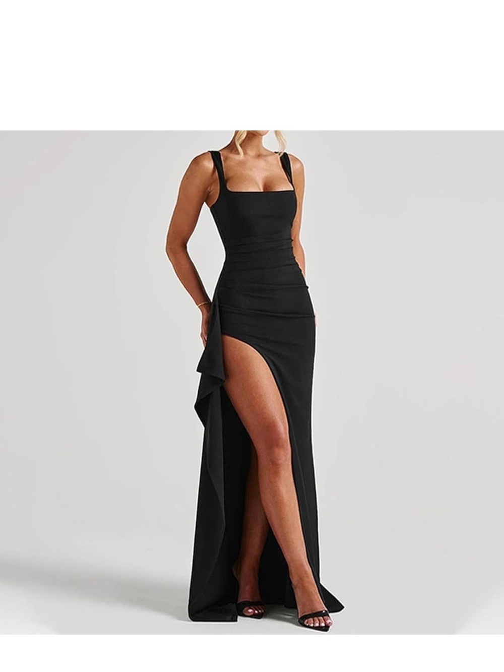 Elegant Black Square-Neck High-Slit Prom Gown
